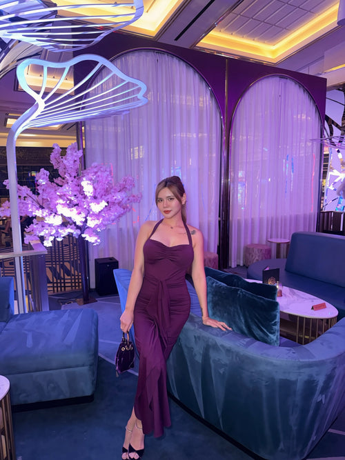 Midnight Orchid | Halter Backless Ruched Maxi Dress