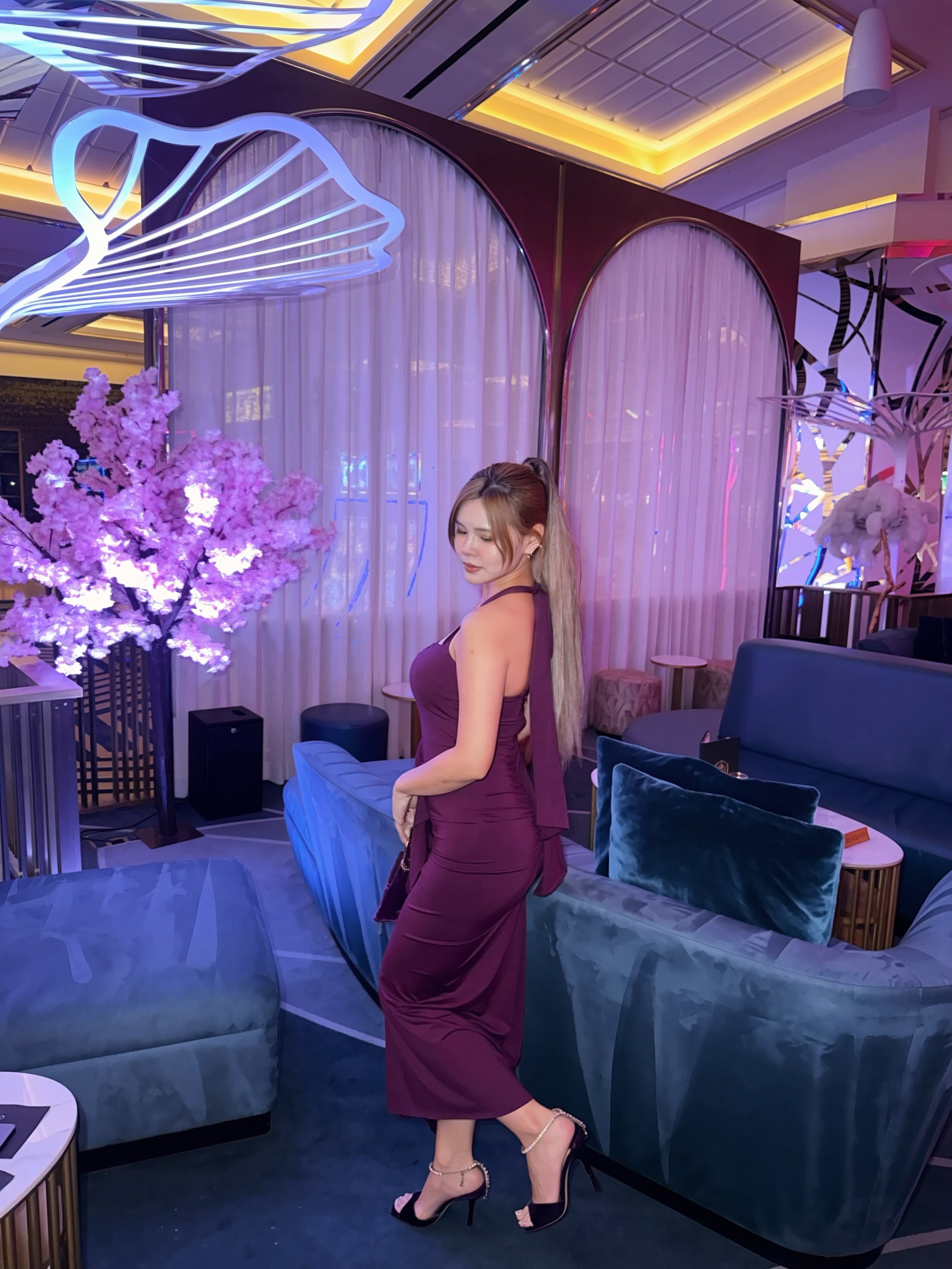 Midnight Orchid | Halter Backless Ruched Maxi Dress