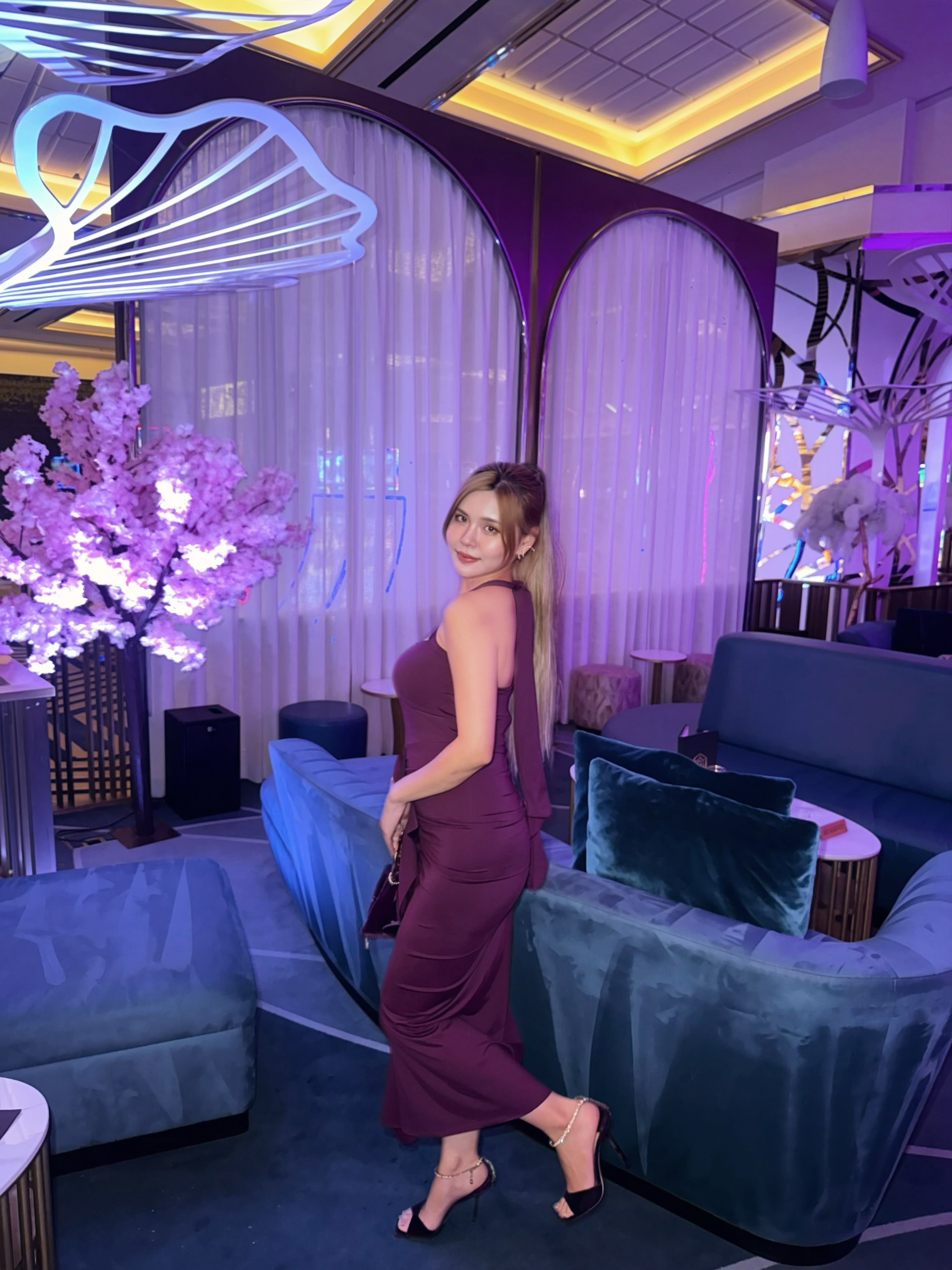 Midnight Orchid | Halter Backless Ruched Maxi Dress