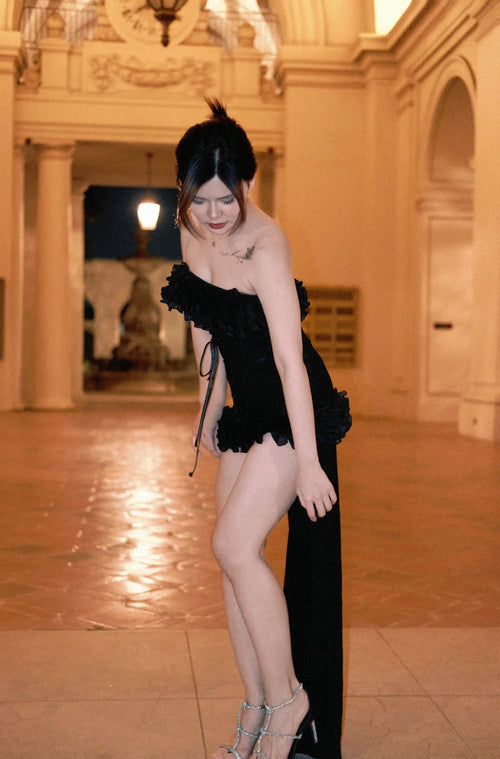 Obsidian Allure | Lace‑Up Waist Corset High‑Low Evening Dress